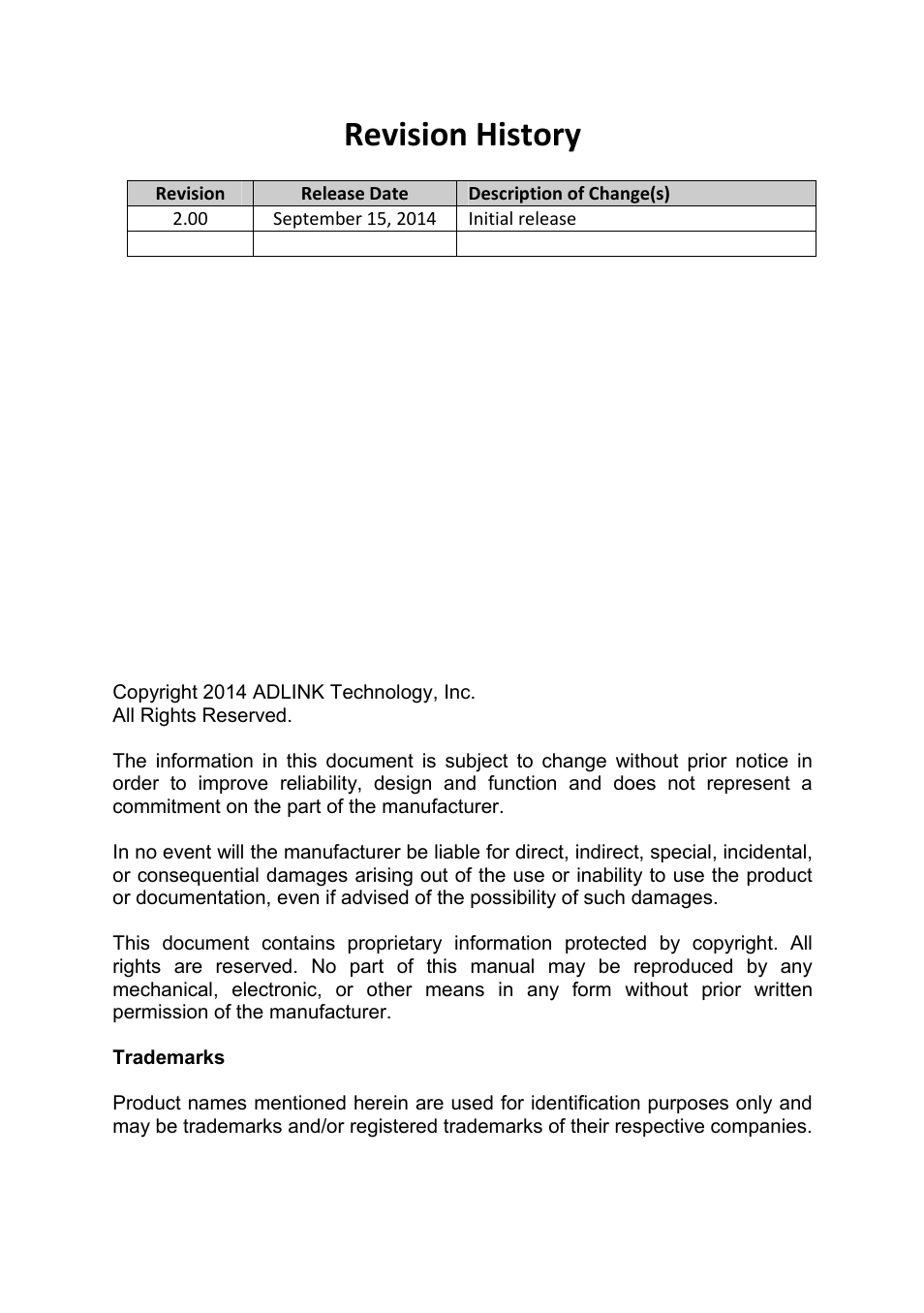 Revision history | ADLINK cPCIS-1100A Series User Manual | Page 2 / 48