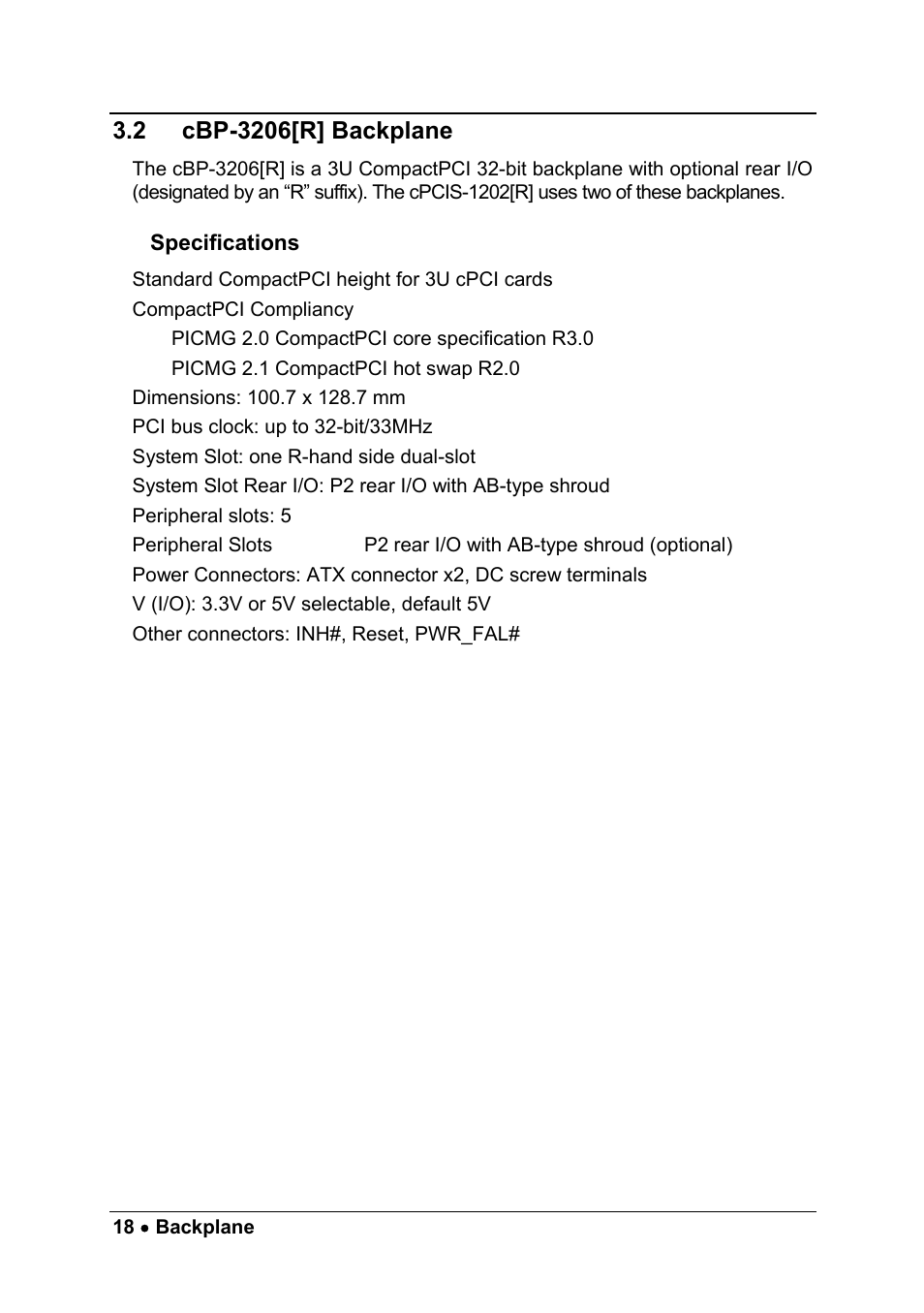 2 cbp-3206[r] backplane, Specifications, Cbp-3206[r] backplane | ADLINK cPCIS-1100A Series User Manual | Page 22 / 48