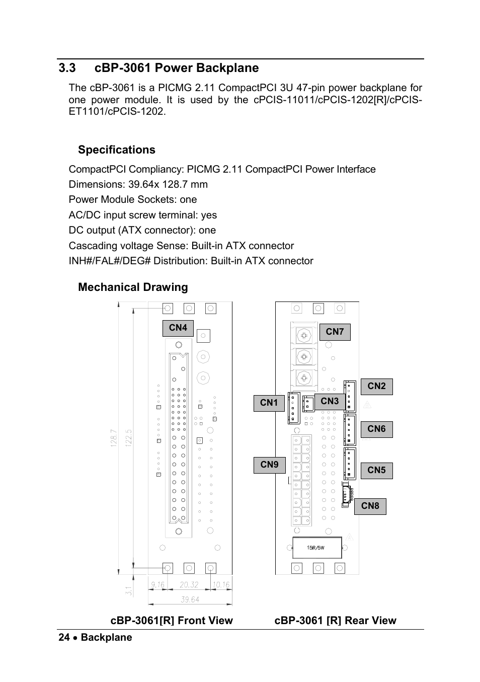 3 cbp-3061 power backplane, Specifications, Mechanical drawing | Cbp-3061 power backplane | ADLINK cPCIS-1100A Series User Manual | Page 28 / 48