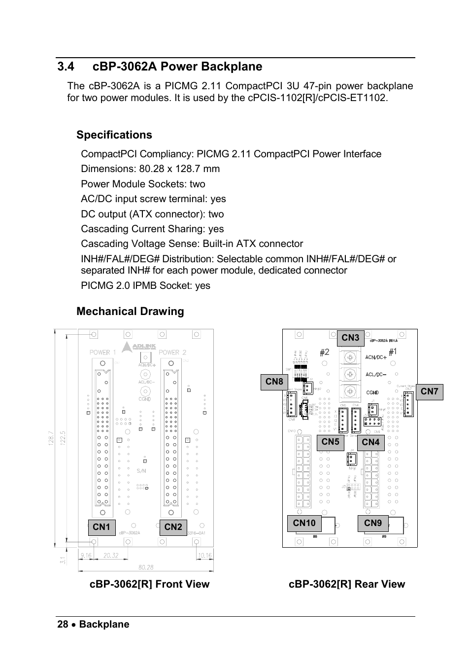 4 cbp-3062a power backplane, Specifications, Mechanical drawing | Cbp-3062a power backplane | ADLINK cPCIS-1100A Series User Manual | Page 32 / 48