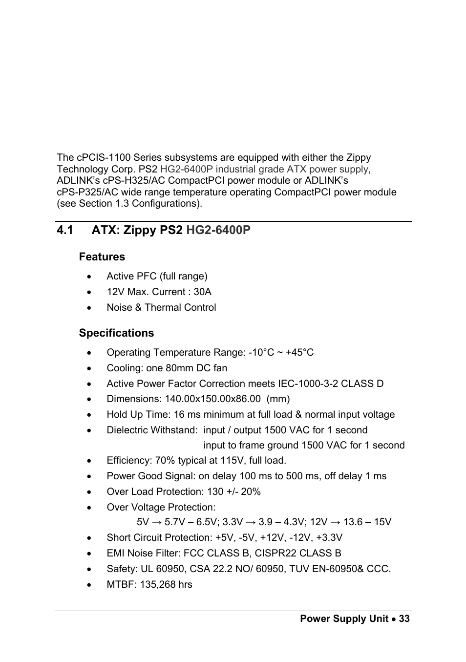 4 power supply units, 1 atx: zippy ps2 hg2-6400p, Features | Specifications, Power supply units, Atx: zippy ps2 hg2-6400p | ADLINK cPCIS-1100A Series User Manual | Page 37 / 48