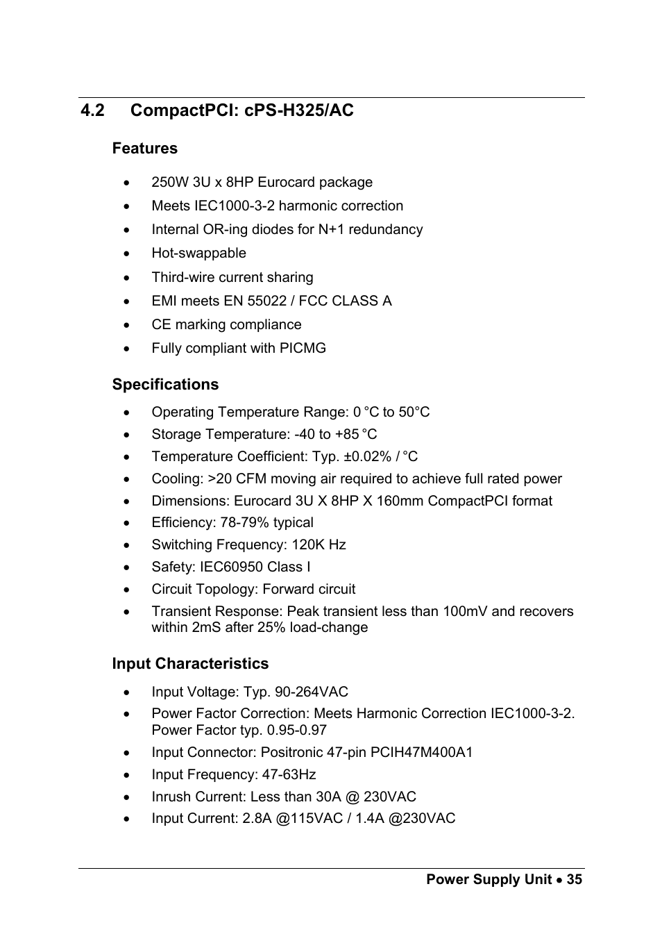 2 compactpci: cps-h325/ac, Features, Specifications | Input characteristics, Compactpci: cps-h325/ac | ADLINK cPCIS-1100A Series User Manual | Page 39 / 48