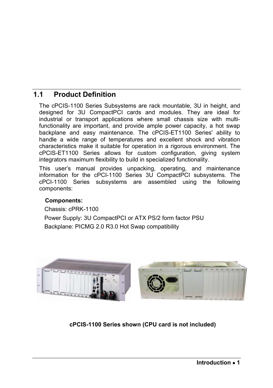 1 introduction, 1 product definition, Introduction | Product definition | ADLINK cPCIS-1100A Series User Manual | Page 5 / 48