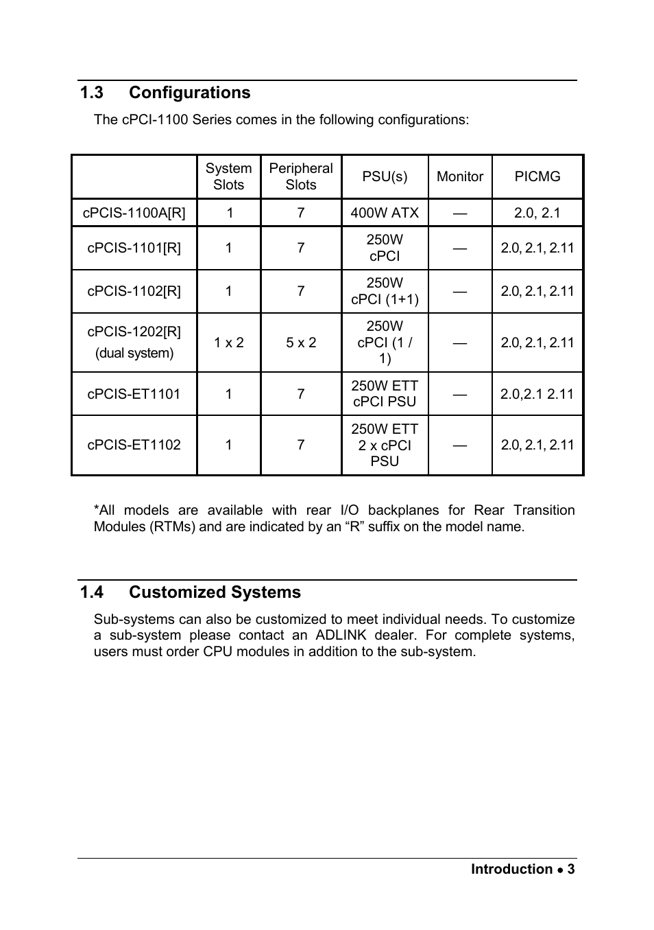 3 configurations, 4 customized systems, Configurations | Customized systems | ADLINK cPCIS-1100A Series User Manual | Page 7 / 48
