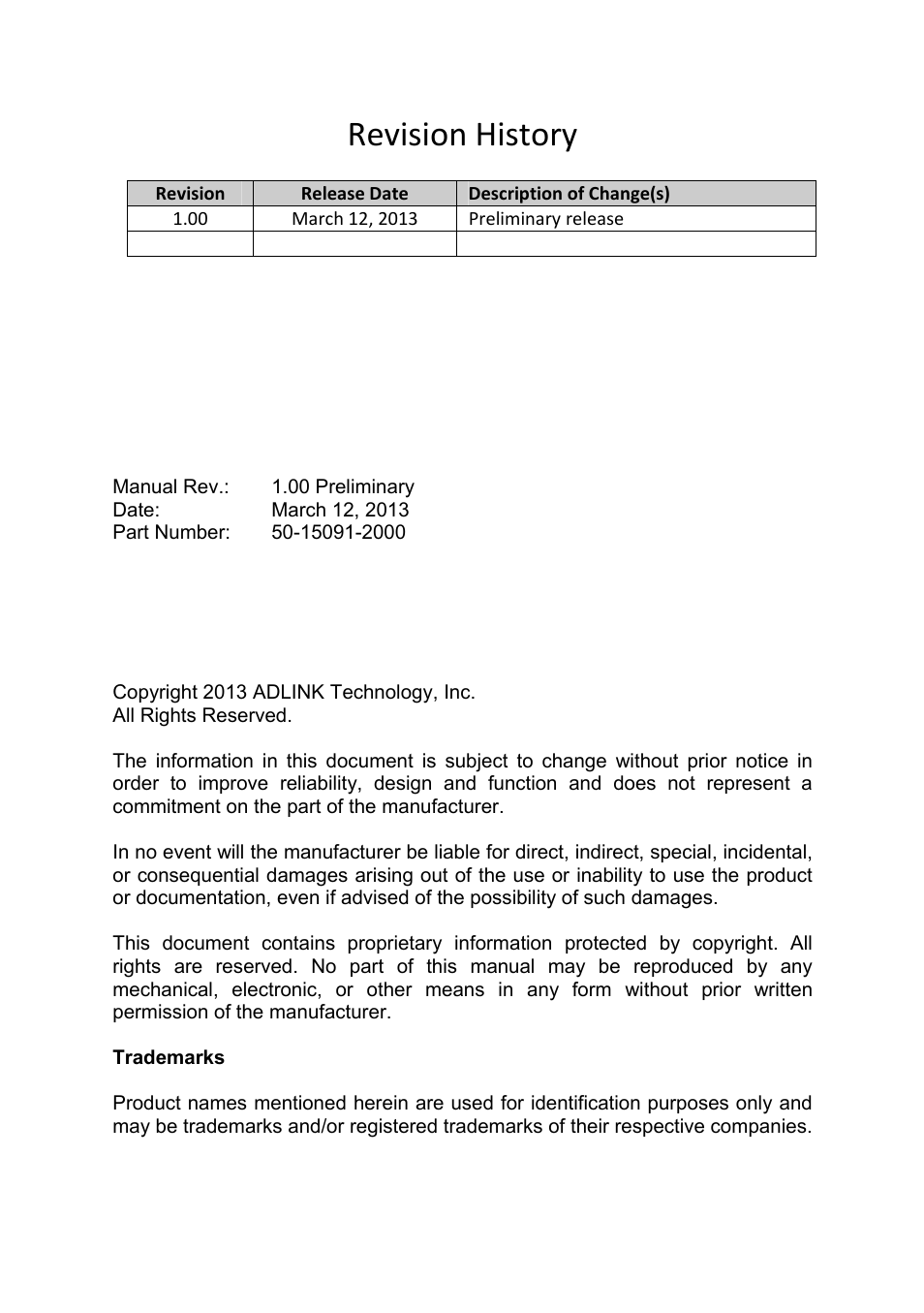 Revision history | ADLINK cPCIS-ET1100 Series User Manual | Page 2 / 50