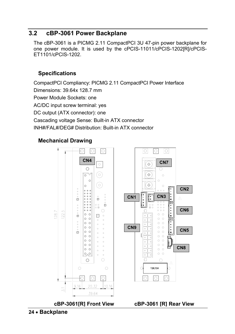 2 cbp-3061 power backplane, Specifications, Mechanical drawing | Cbp-3061 power backplane | ADLINK cPCIS-ET1100 Series User Manual | Page 30 / 50