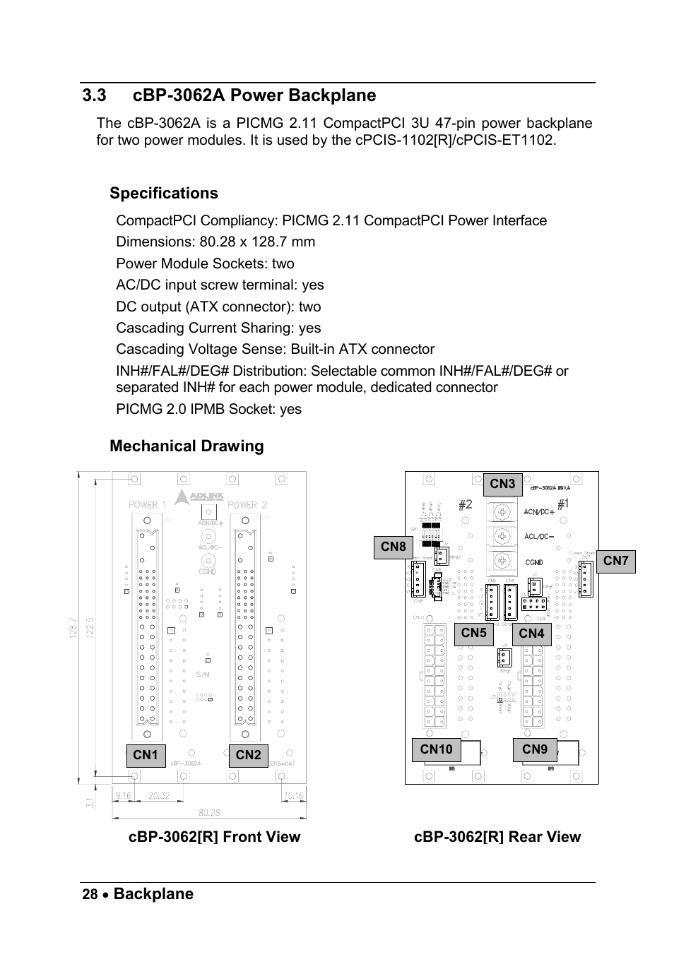 3 cbp-3062a power backplane, Specifications, Mechanical drawing | Cbp-3062a power backplane | ADLINK cPCIS-ET1100 Series User Manual | Page 34 / 50