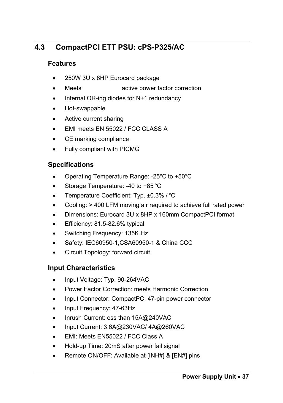 3 compactpci ett psu: cps-p325/ac, Features, Specifications | Input characteristics, Compactpci ett psu: cps-p325/ac | ADLINK cPCIS-ET1100 Series User Manual | Page 43 / 50