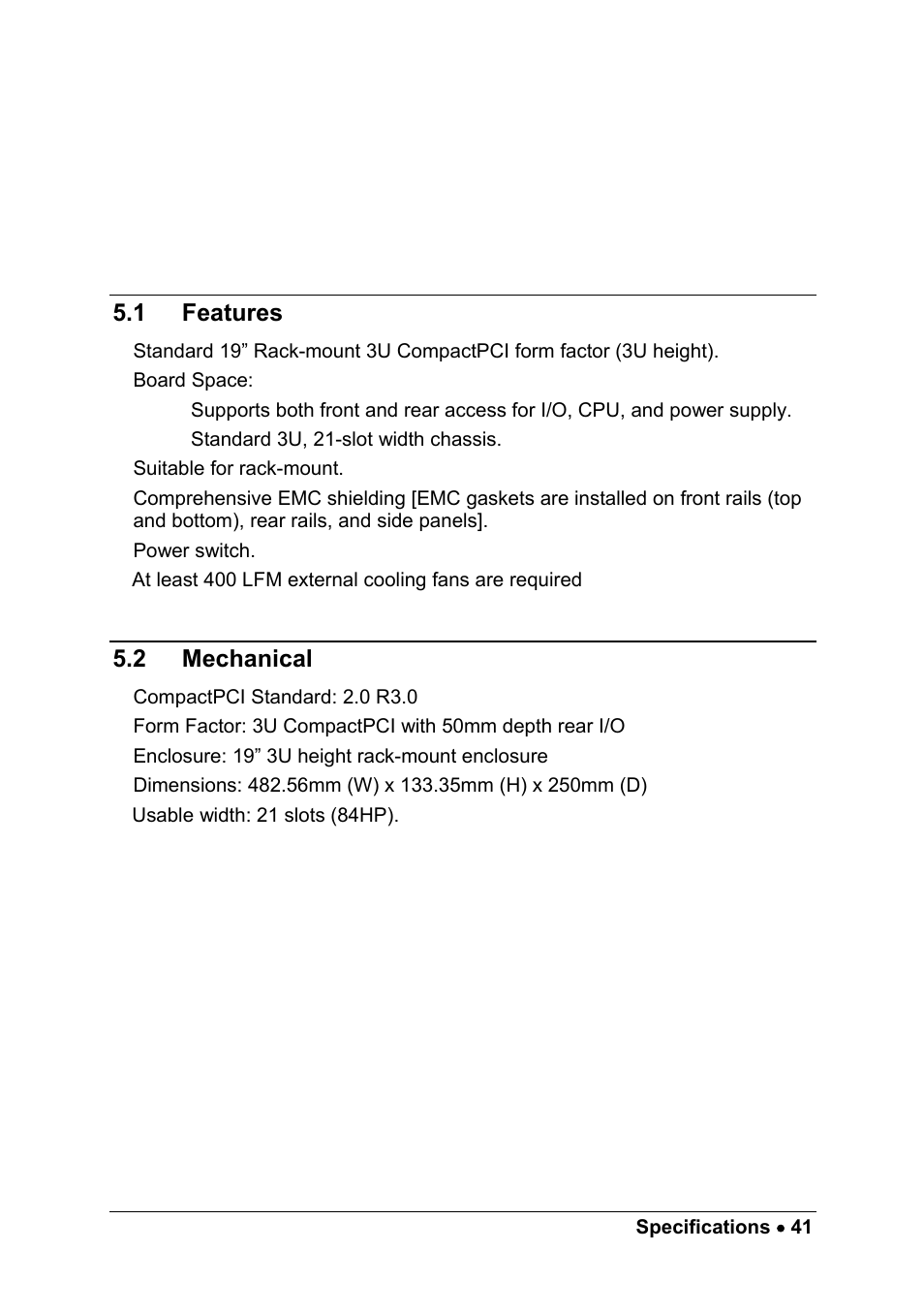 5 specifications, 1 features, 2 mechanical | Specifications, Features, Mechanical | ADLINK cPCIS-ET1100 Series User Manual | Page 47 / 50