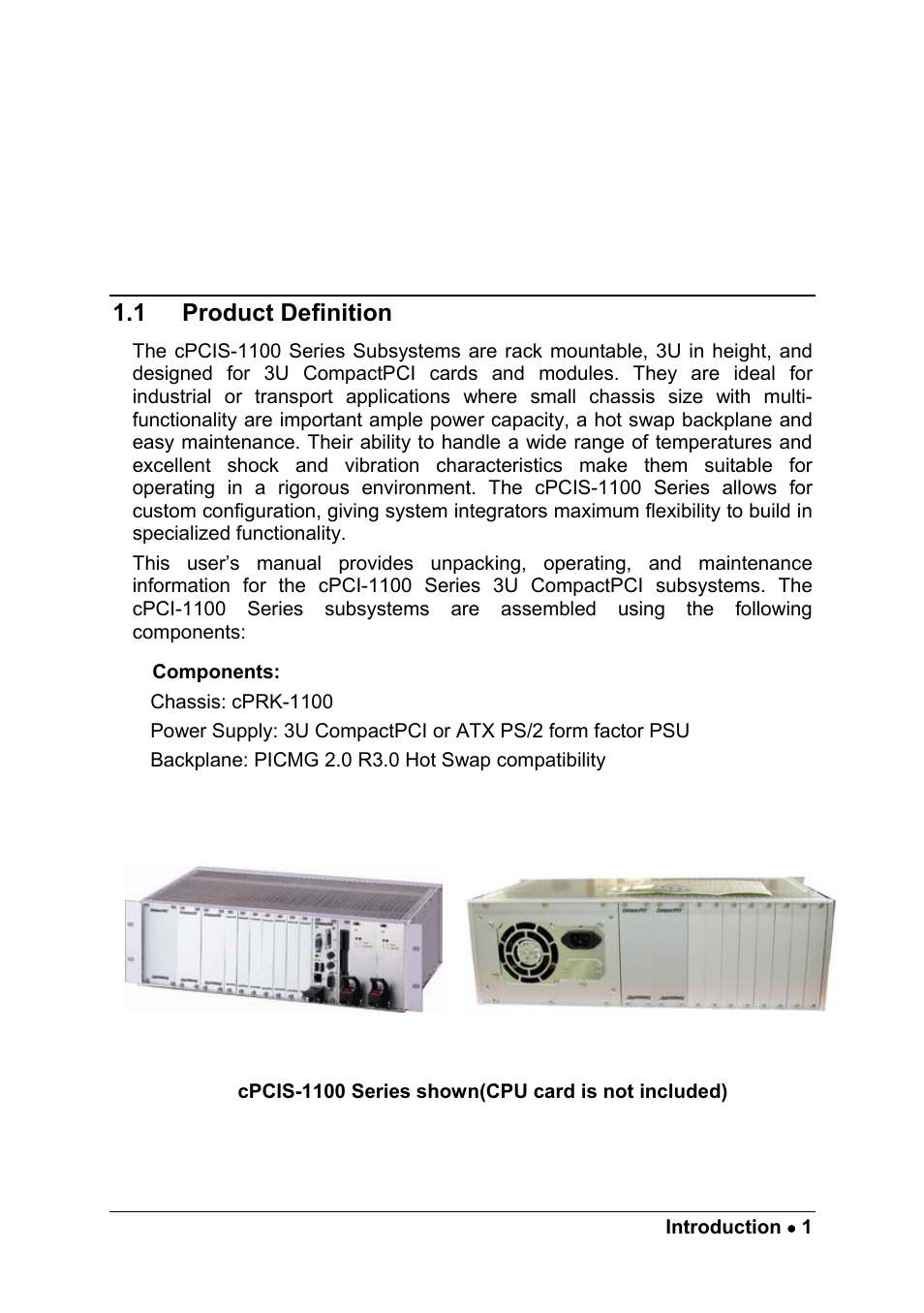 1 introduction, 1 product definition, Components | Introduction, Product definition | ADLINK cPCIS-ET1100 Series User Manual | Page 7 / 50