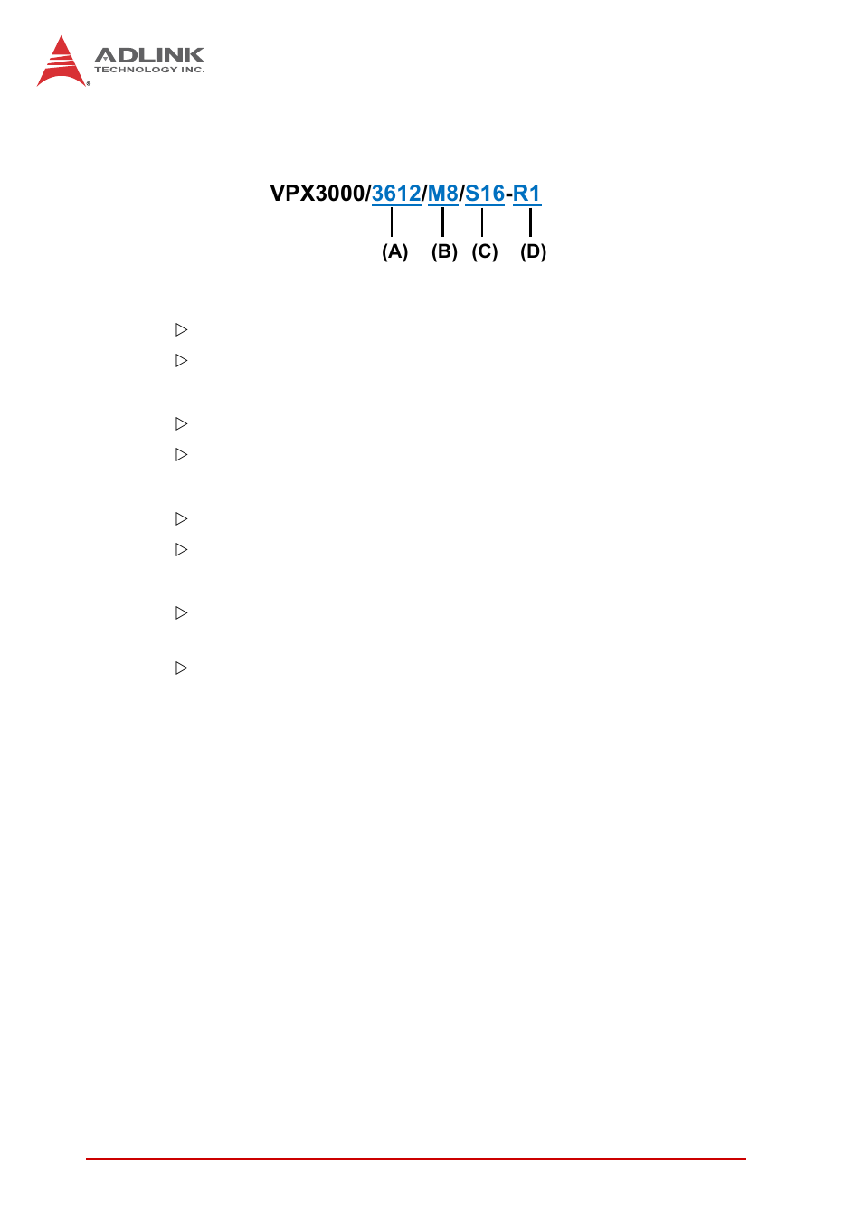 4 model number decoder - processor blade, A) cpu code, B) memory size code | C) sata nand flash size code, D) ruggedized level code, Model number decoder | ADLINK VPX3000 User Manual | Page 18 / 50