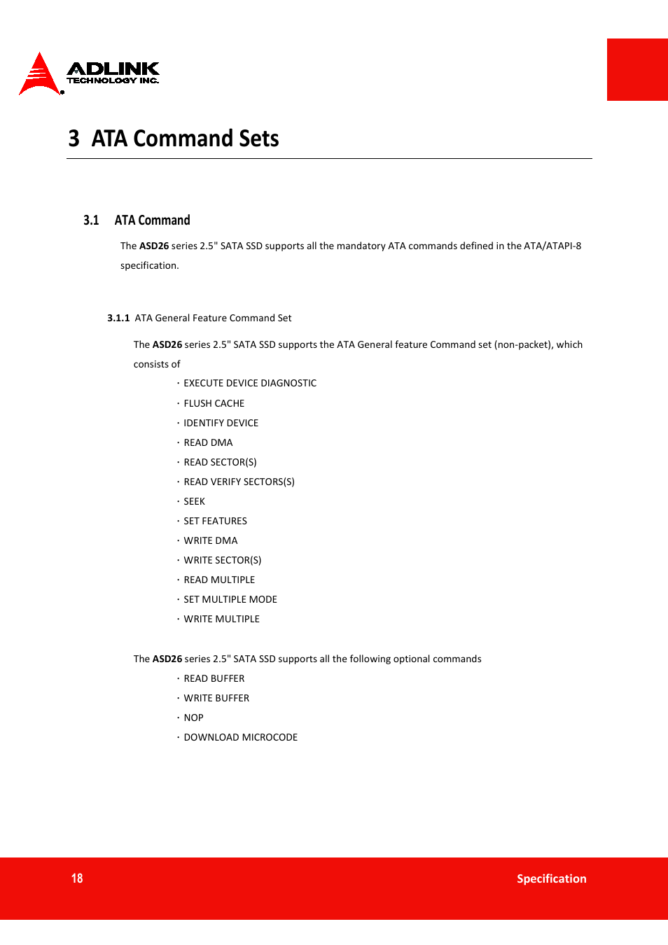 3 ata command sets, 1 ata command | ADLINK ASD26-MT1 ET Series User Manual | Page 18 / 29