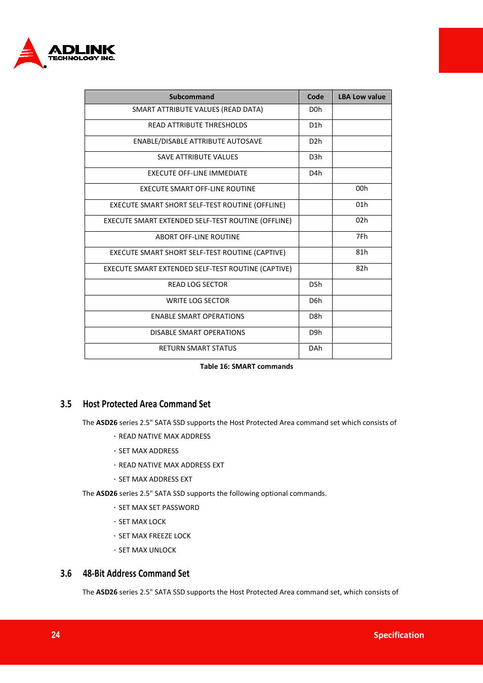 5 host protected area command set, 6 48-bit address command set | ADLINK ASD26-MT1 ET Series User Manual | Page 24 / 29