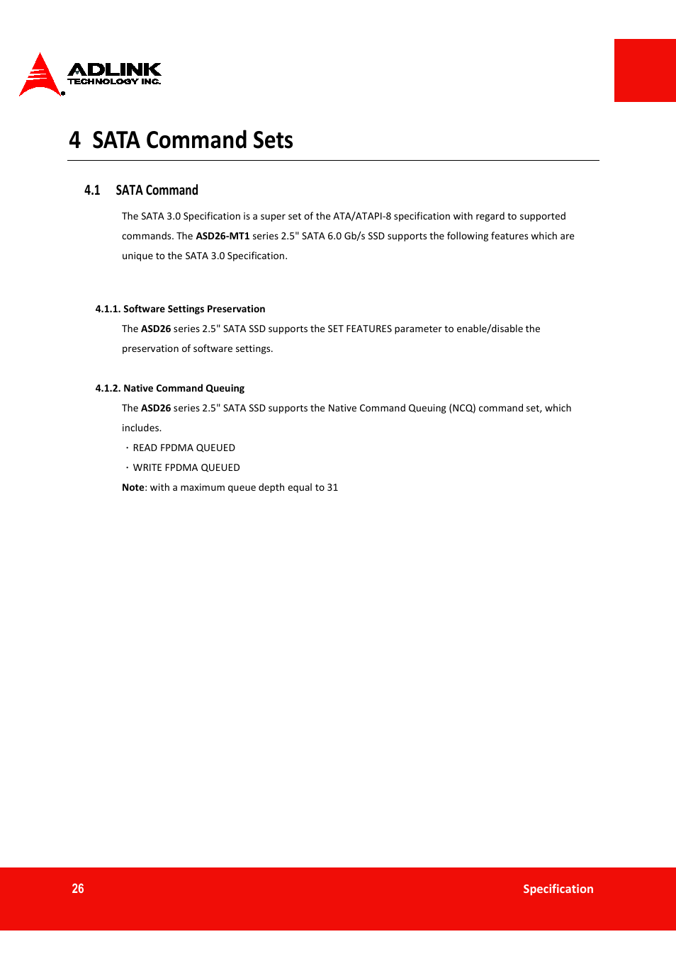 4 sata command sets, 1 sata command | ADLINK ASD26-MT1 ET Series User Manual | Page 26 / 29