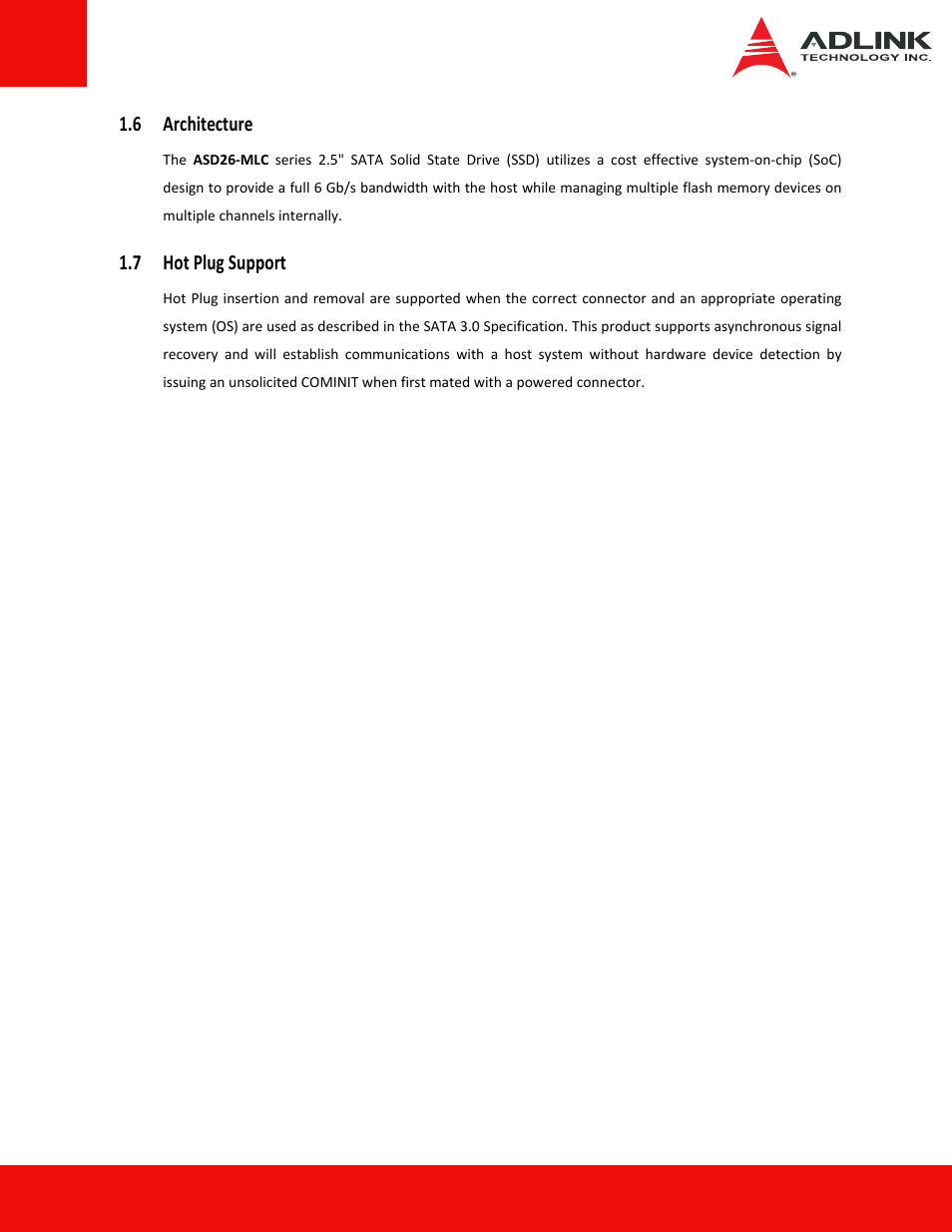 6 architecture, 7 hot plug support, 6 architecture 1.7 hot plug support | ADLINK ASD26-MA2 Series User Manual | Page 15 / 29