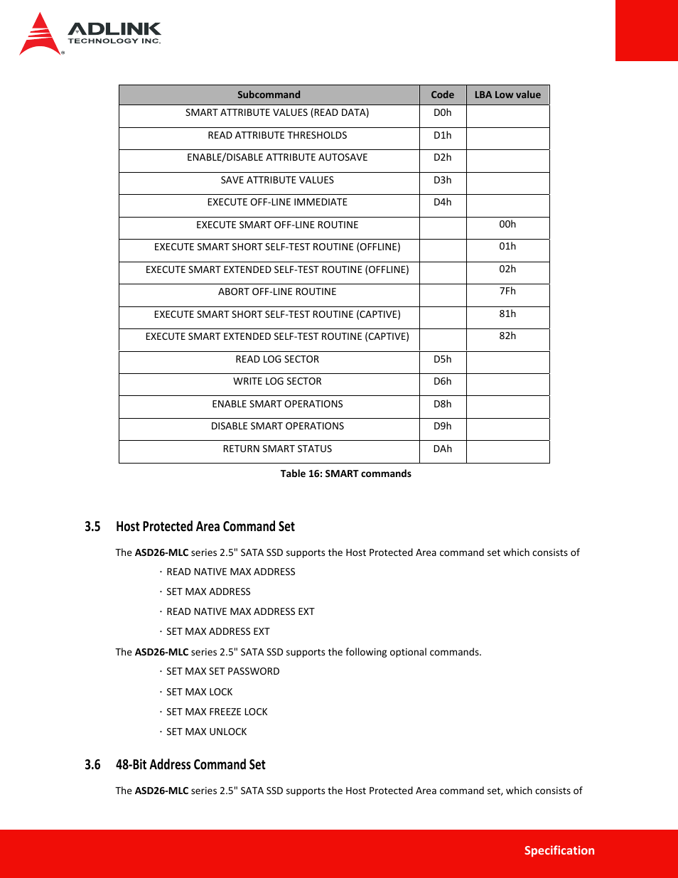 5 host protected area command set, 6 48-bit address command set | ADLINK ASD26-MA2 Series User Manual | Page 24 / 29