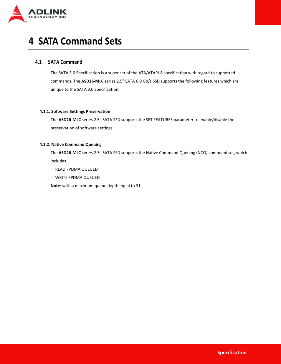 4 sata command sets, 1 sata command, Sata command sets | ADLINK ASD26-MA2 Series User Manual | Page 26 / 29