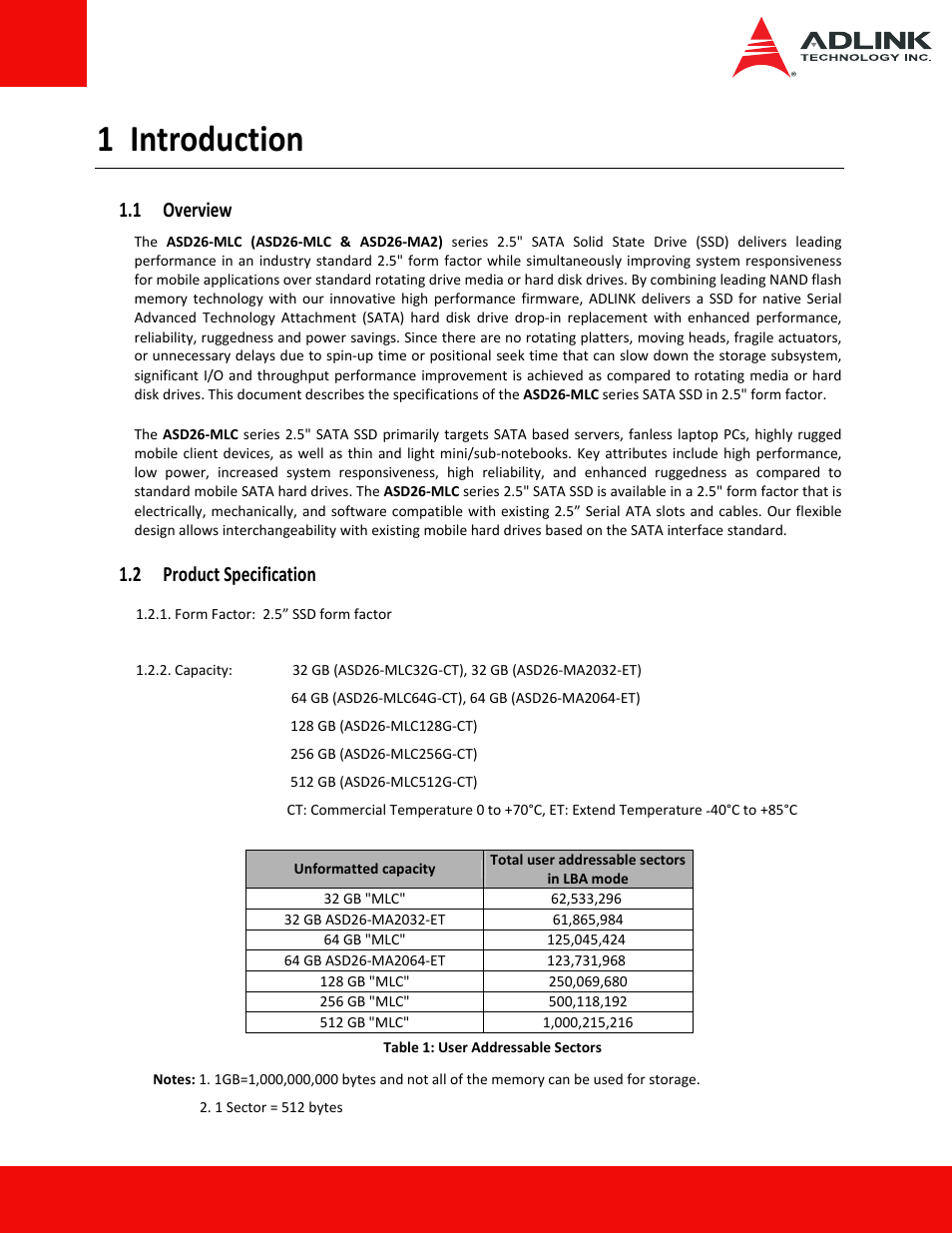 1 introduction, 1 overview, 2 product specification | 1 overview 1.2 product specification | ADLINK ASD26-MA2 Series User Manual | Page 5 / 29