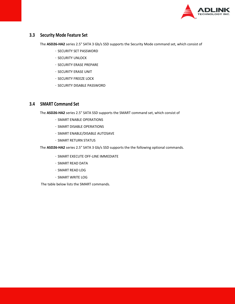 3 security mode feature set, 4 smart command set, 3 security mode feature set 3.4 smart command set | ADLINK ASD26-MA2 Series User Manual | Page 21 / 27