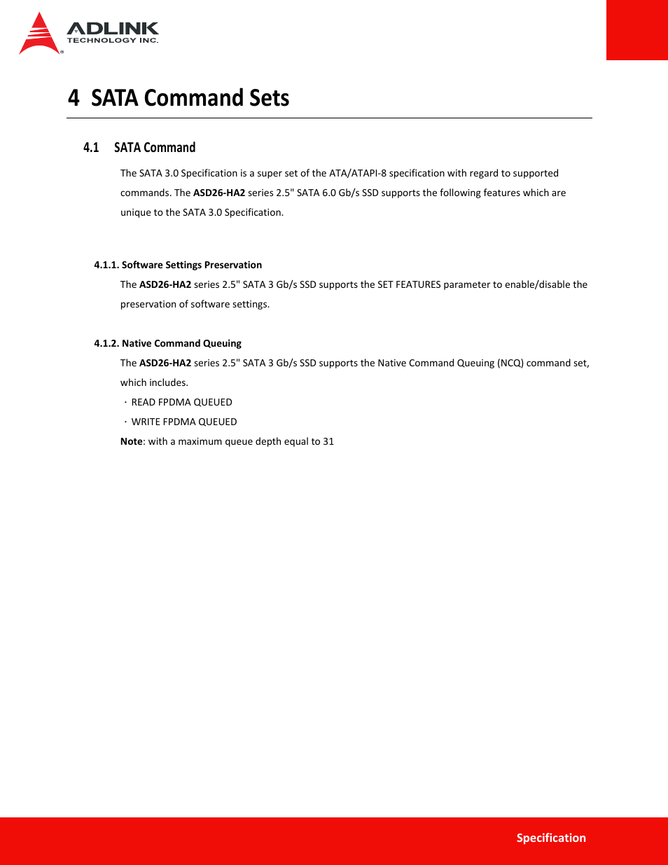 4 sata command sets, 1 sata command, Sata command sets | ADLINK ASD26-MA2 Series User Manual | Page 24 / 27