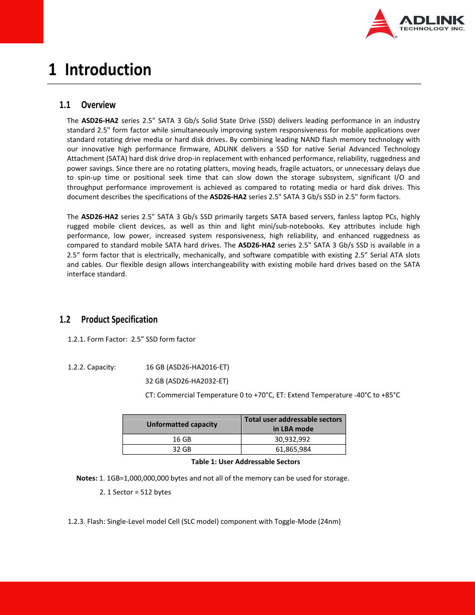 1 introduction, 1 overview, 2 product specification | 1 overview 1.2 product specification | ADLINK ASD26-MA2 Series User Manual | Page 5 / 27