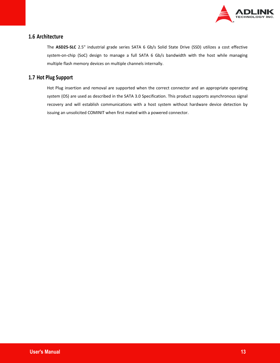 6 architecture, 7 hot plug support, 6 architecture 1.7 hot plug support | ADLINK ASD25-SLC Series User Manual | Page 13 / 27