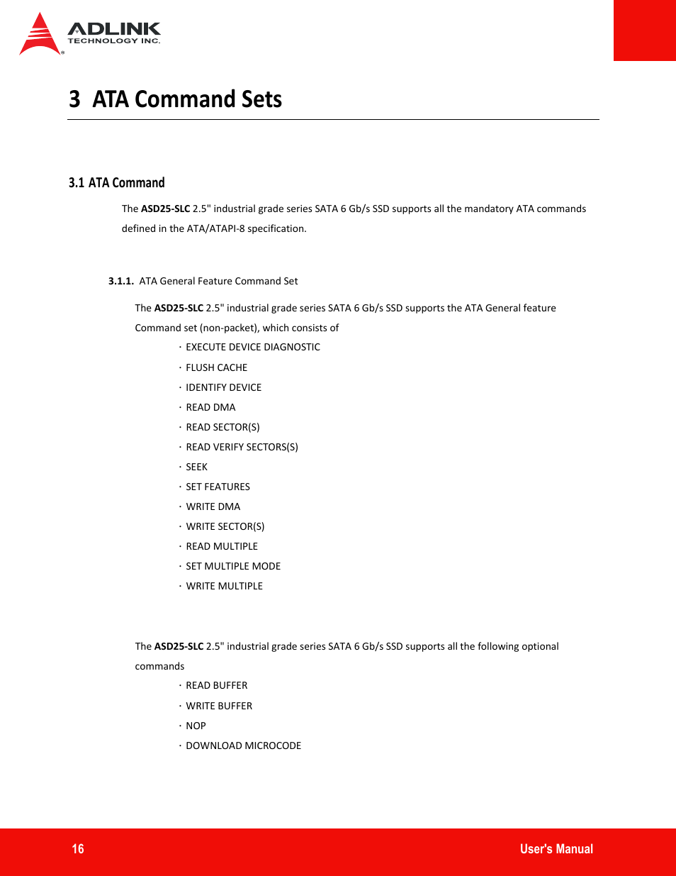 3 ata command sets, 1 ata command, Ata command sets | ADLINK ASD25-SLC Series User Manual | Page 16 / 27