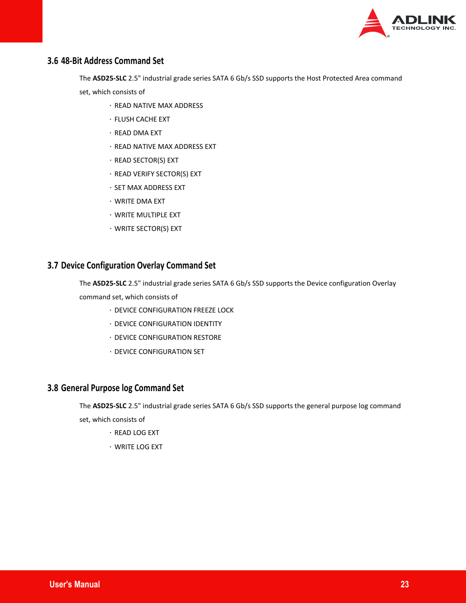 6 48-bit address command set, 7 device configuration overlay command set, 8 general purpose log command set | 6 48‐bit address command set | ADLINK ASD25-SLC Series User Manual | Page 23 / 27