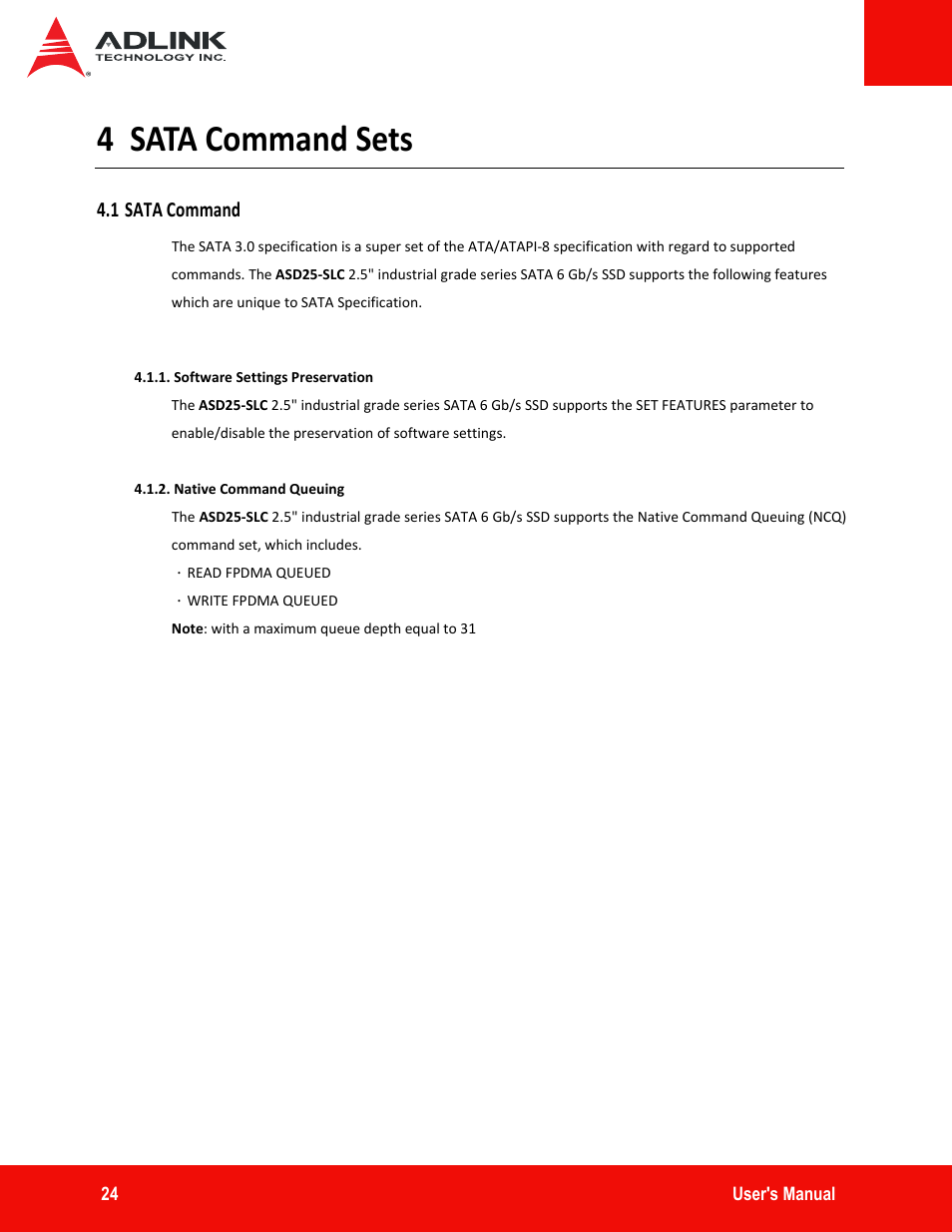 4 sata command sets, 1 sata command, Sata command sets | ADLINK ASD25-SLC Series User Manual | Page 24 / 27