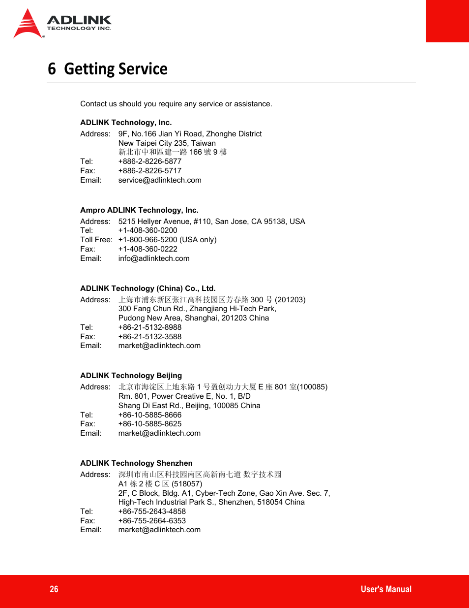 6 getting service, Getting service | ADLINK ASD25-SLC Series User Manual | Page 26 / 27