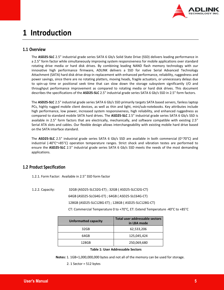 1 introduction, 1 overview, 2 product specification | Introduction, 1 overview 1.2 product specification | ADLINK ASD25-SLC Series User Manual | Page 5 / 27