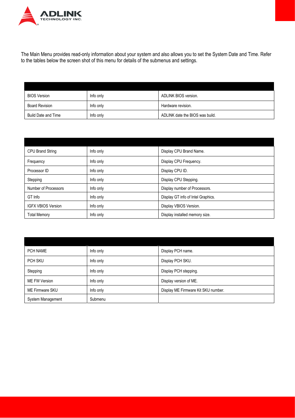 2 main, 1 system information, 2 processor information | 3 pch information, Main | ADLINK Express-HL User Manual | Page 51 / 89