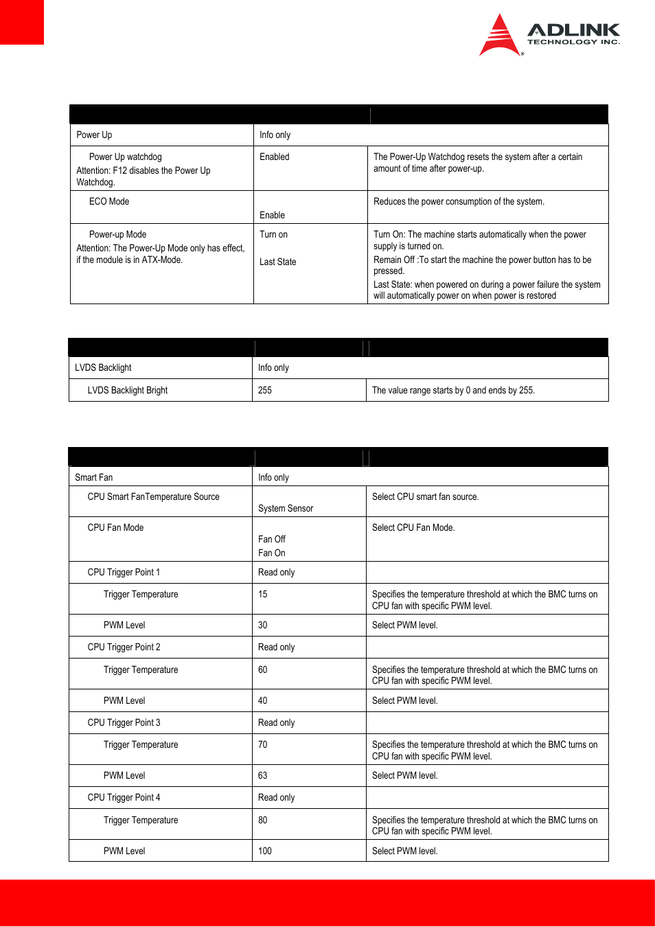 6 system management > power up, 7 system management > lvds backlight, 8 system management > smart fan | ADLINK Express-HLE User Manual | Page 54 / 89