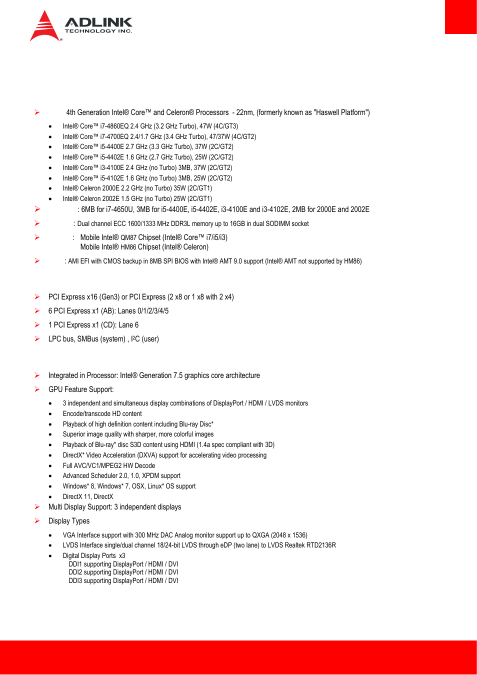 2 specifications, 1 core system, 2 expansion busses | 3 video, Core system, Expansion busses, Video | ADLINK Express-HLE User Manual | Page 7 / 89