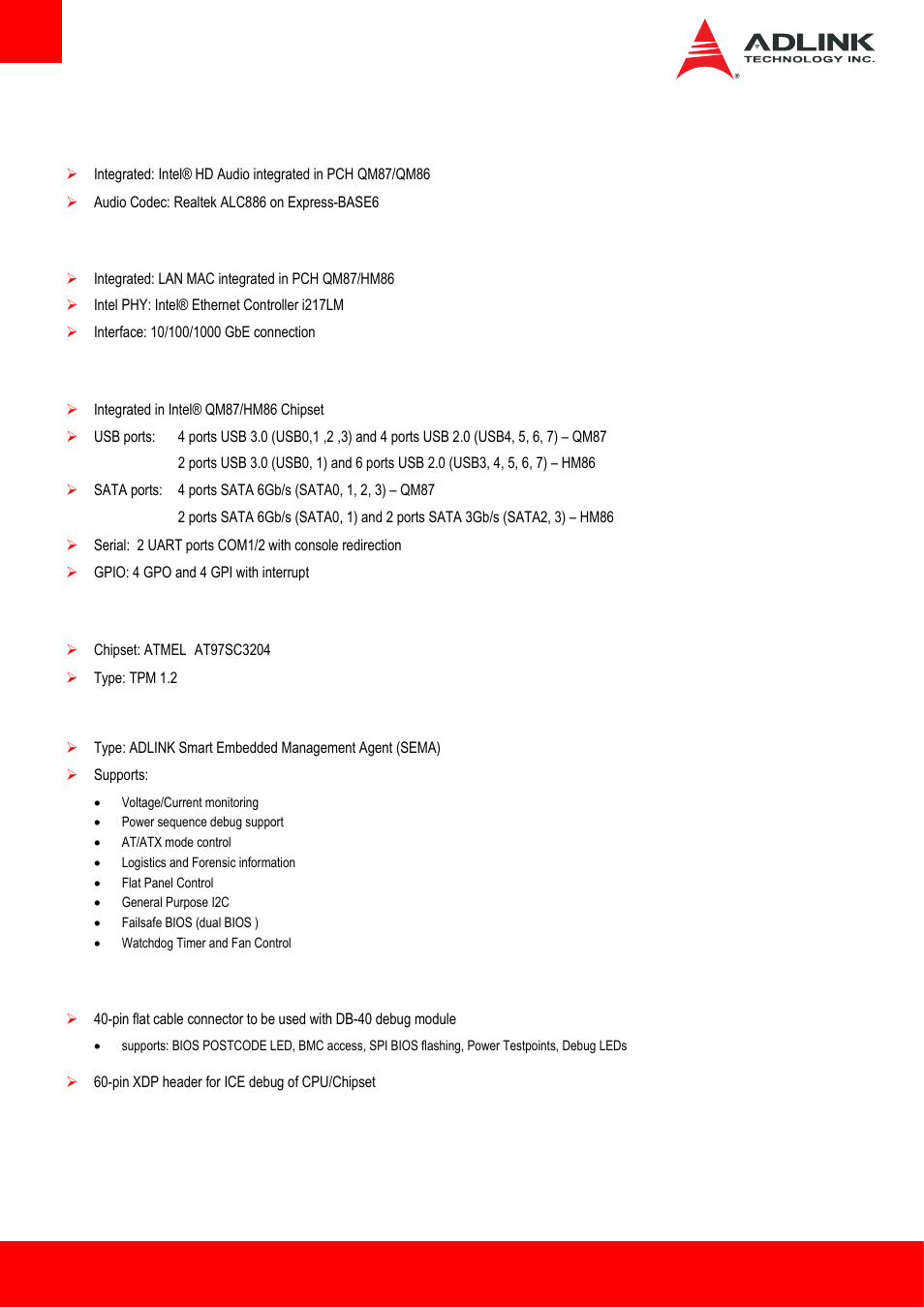 4 audio, 5 lan, 6 multi i/o and storage | 7 tpm (trusted platform module), 8 sema board controller, 9 debug, Audio, Multi i/o and storage, Tpm (trusted platform module), Sema board controller | ADLINK Express-HLE User Manual | Page 8 / 89