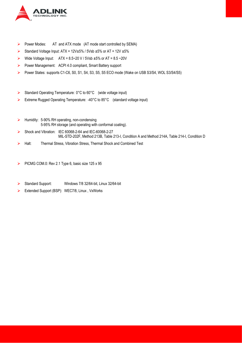 10 power specifications, 11 operating temperatures, 12 environmental | 13 specification compliance, 14 operating systems, Power specifications, Operating temperatures, Environmental, Specification compliance, Operating systems | ADLINK Express-HLE User Manual | Page 9 / 89