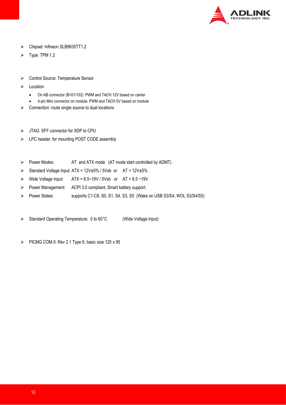 Tpm (trusted platform module), Fan control, Debug | Power specifications, Mechanical and environmental, Specification compliance | ADLINK Express-IB User Manual | Page 10 / 80