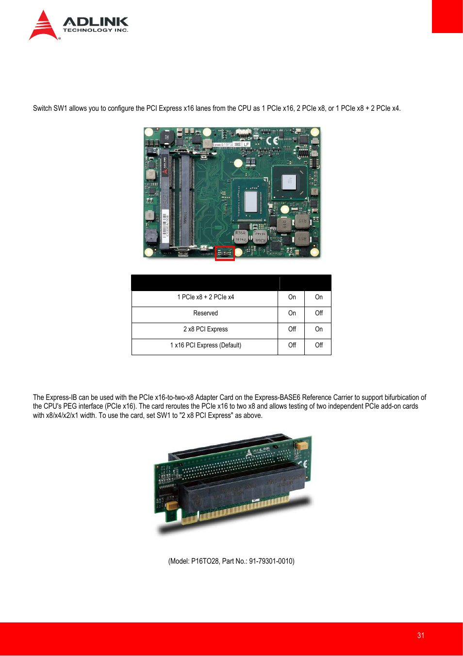 Module configuration, Pci express configuration switch (sw1), Pcie x16-to-two-x8 adapter card | ADLINK Express-IB User Manual | Page 31 / 80