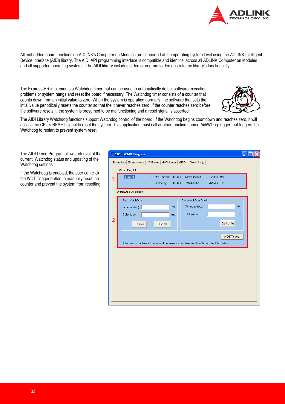 Embedded functions, 1 watchdog timer, Aidi demo program - watchdog tab | ADLINK Express-IB User Manual | Page 32 / 80