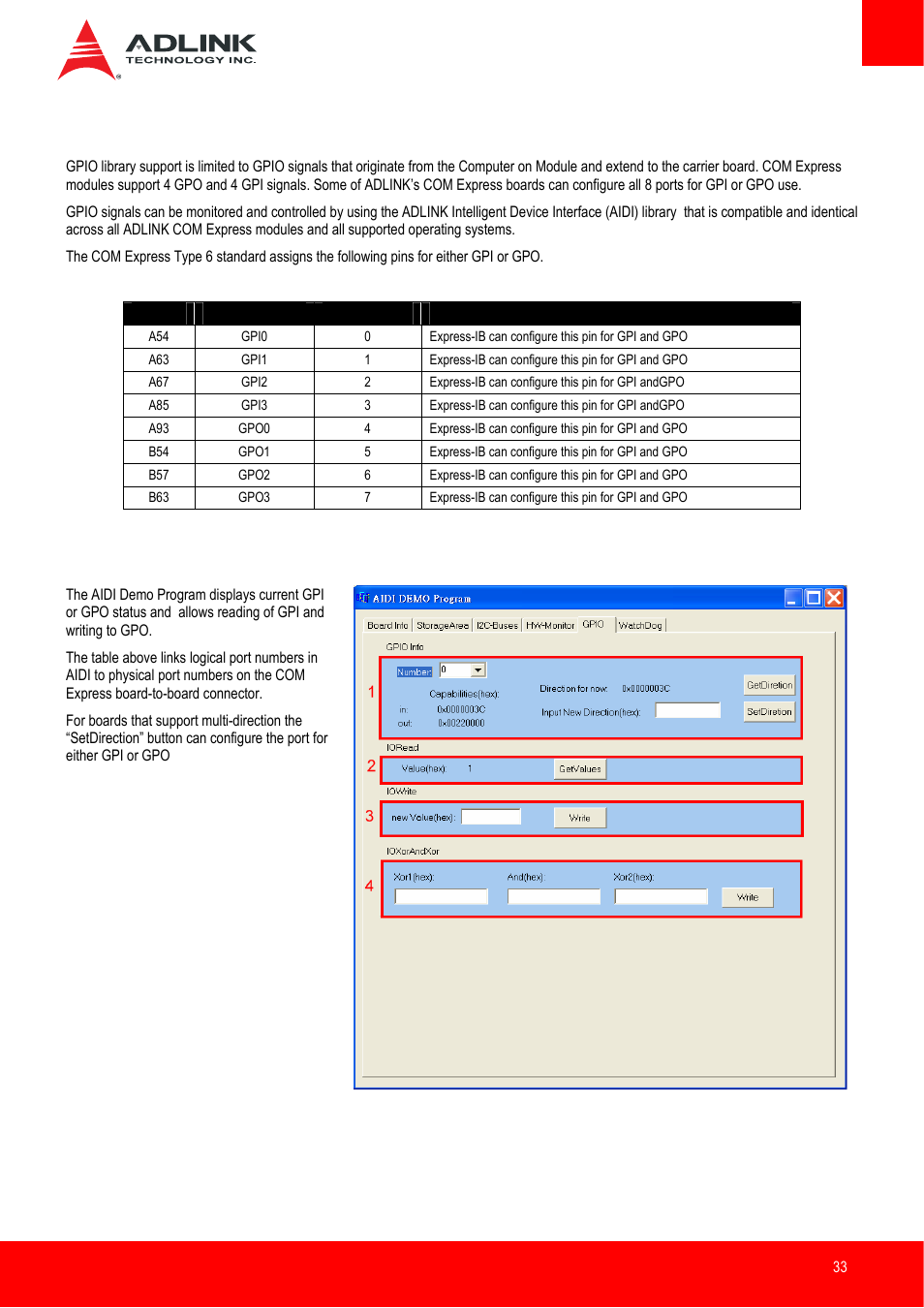 Gpio, Aidi demo program - gpio tab | ADLINK Express-IB User Manual | Page 33 / 80