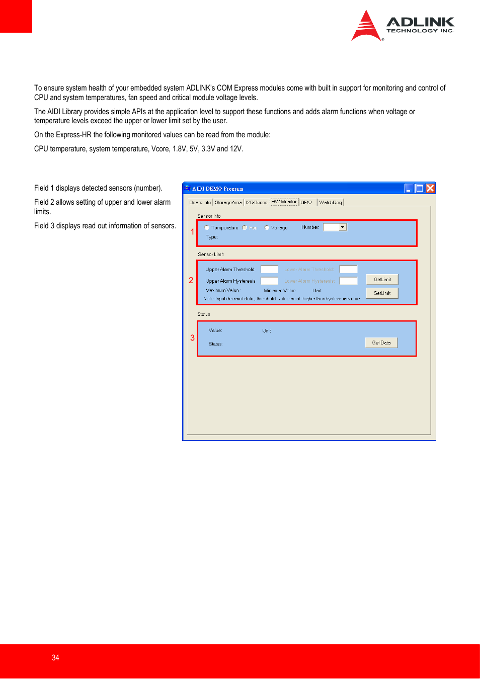 Hardware monitoring, Aidi demo program - hw monitor tab | ADLINK Express-IB User Manual | Page 34 / 80