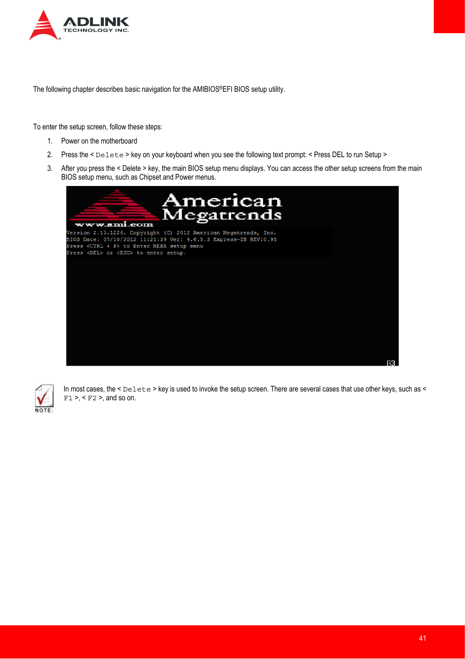 Bios setup, Starting the bios | ADLINK Express-IB User Manual | Page 41 / 80