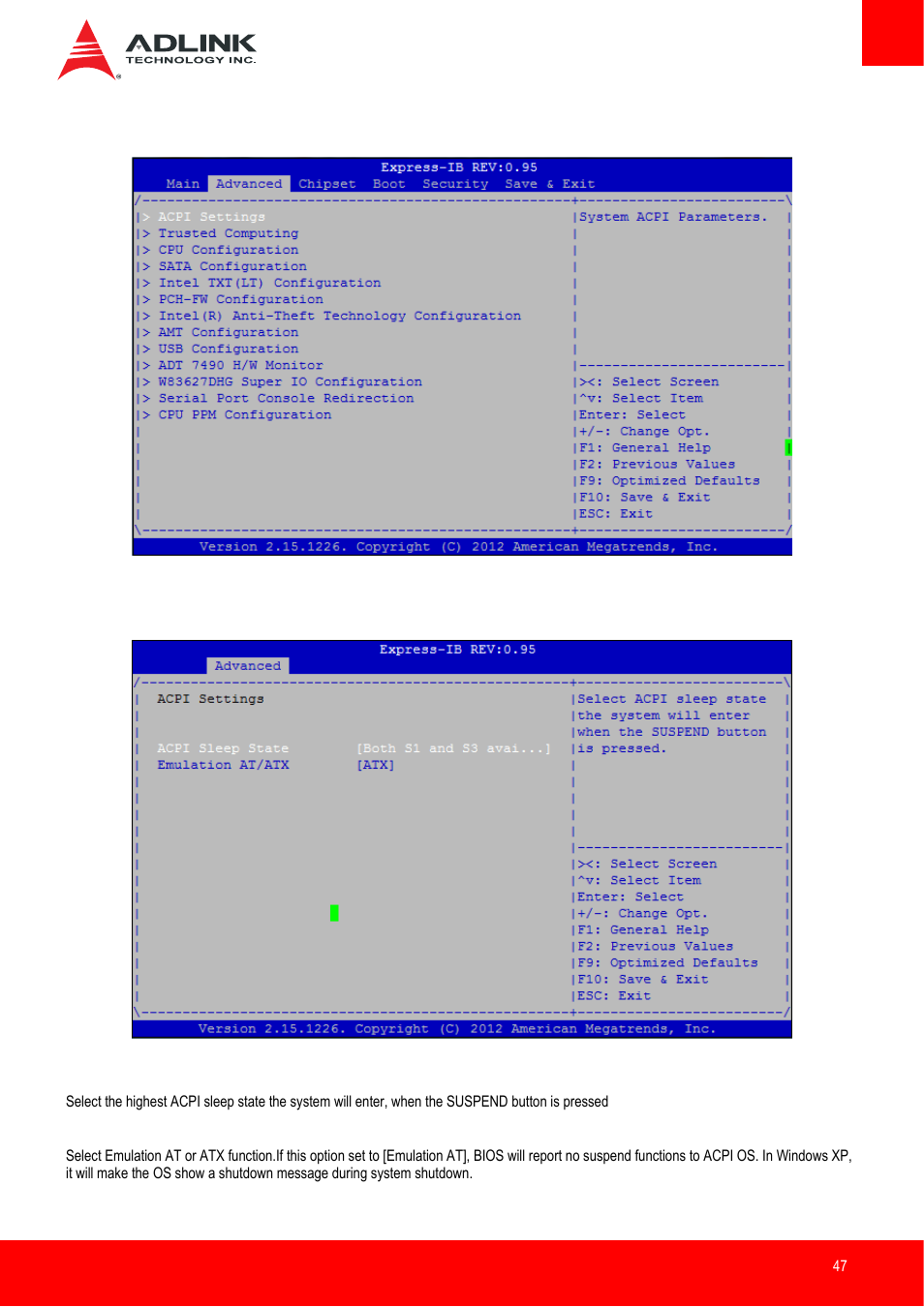 Advanced setup, Acpi settings | ADLINK Express-IB User Manual | Page 47 / 80