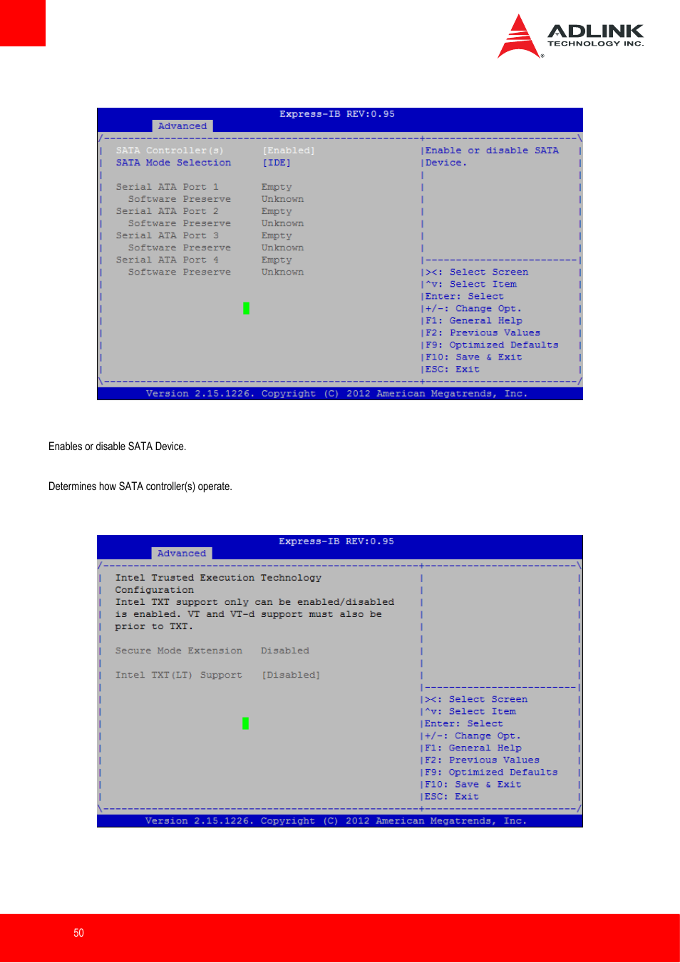 Sata configuration, Intel txt(lt) configuration | ADLINK Express-IB User Manual | Page 50 / 80