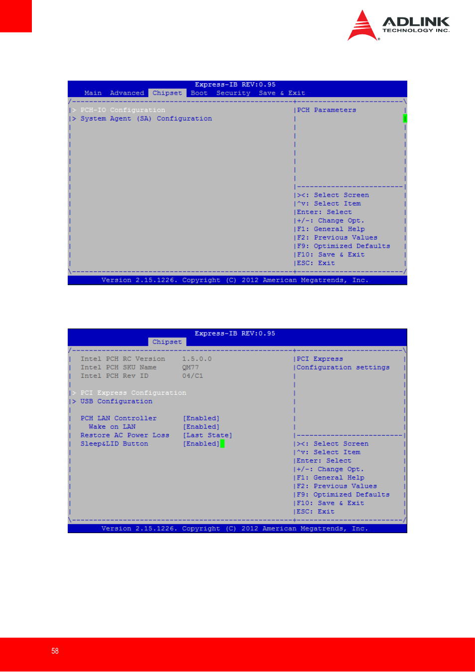 Chipset setup, Pch-io configuration | ADLINK Express-IB User Manual | Page 58 / 80