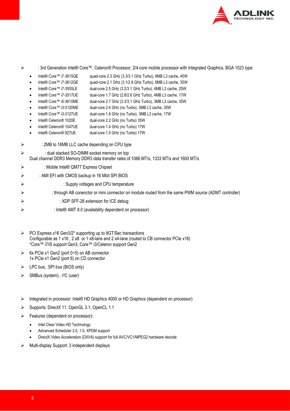 Specifications, Core system, Expansion busses | Video | ADLINK Express-IB User Manual | Page 8 / 80