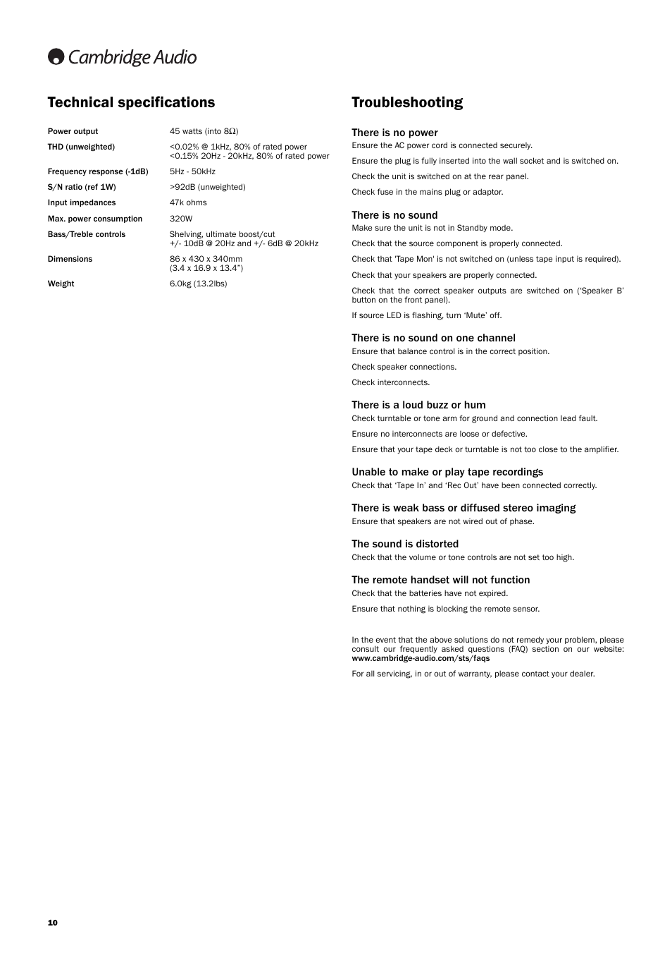 Technical specifications, Troubleshooting | Cambridge Audio AZUR 350A User Manual | Page 10 / 12
