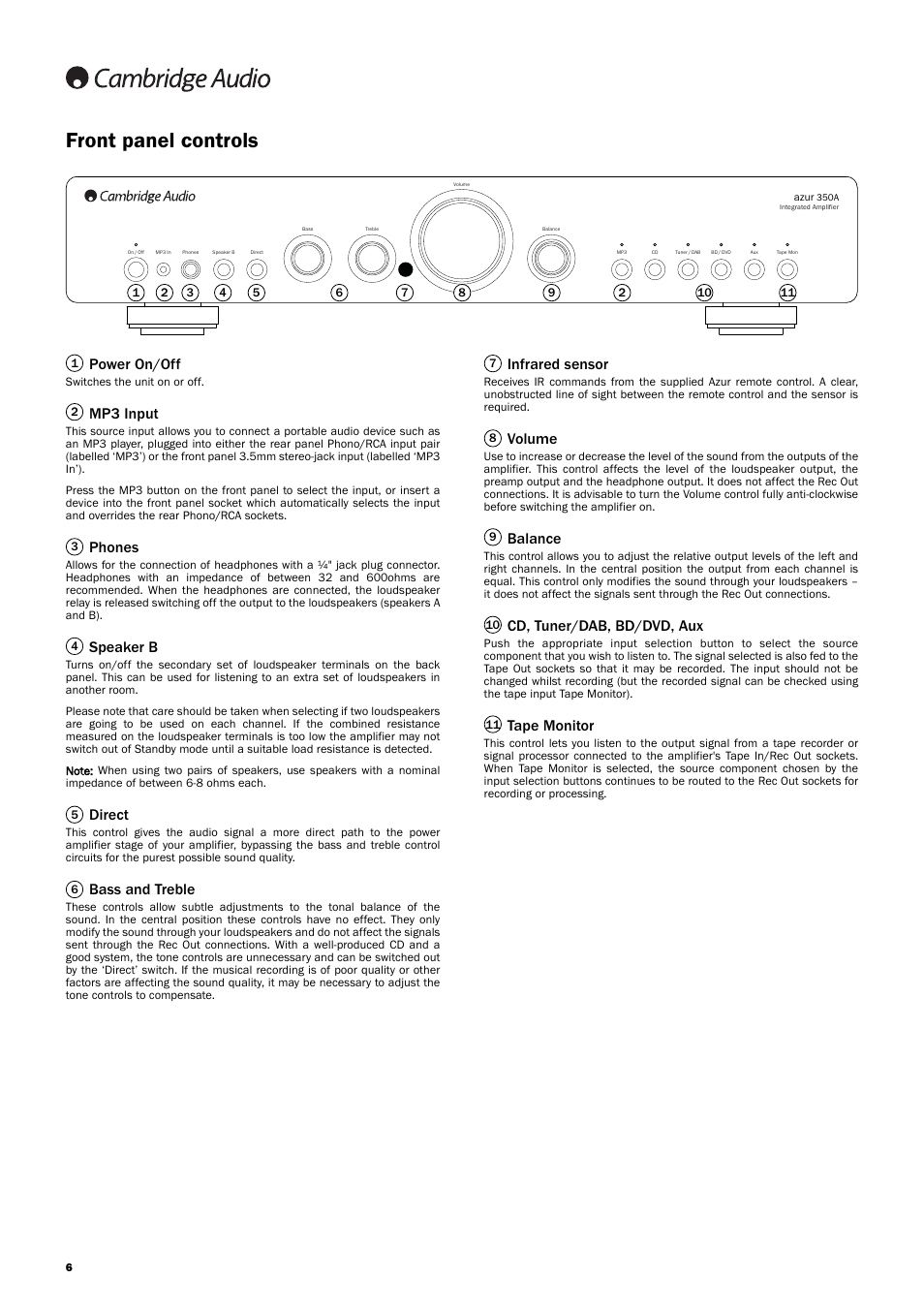 Front panel controls, Infrared sensor, Volume | Balance, Cd, tuner/dab, bd/dvd, aux, Tape monitor, Power on/off, Mp3 input, Phones, Speaker b | Cambridge Audio AZUR 350A User Manual | Page 6 / 12