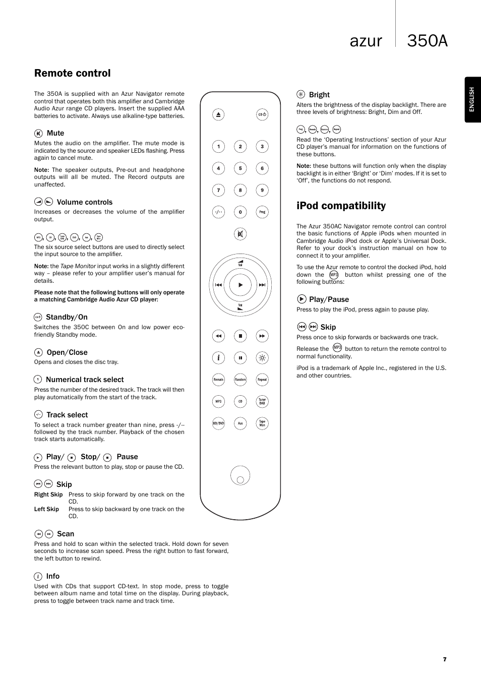 350a azur, Ipod compatibility, Remote control | Cambridge Audio AZUR 350A User Manual | Page 7 / 12