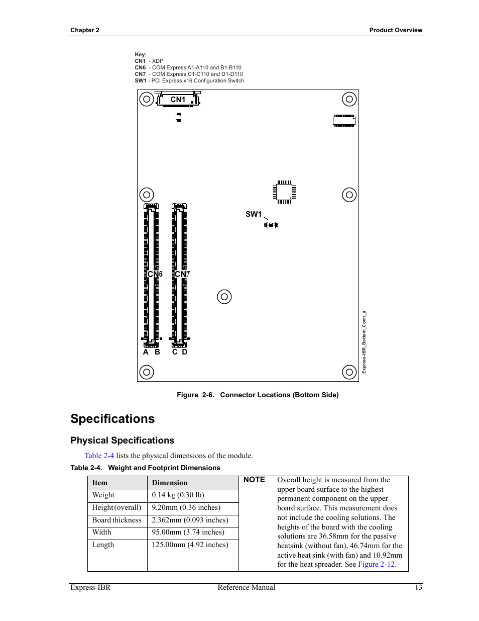 Specifications, Physical specifications, Figure 2-6 | Connector locations (bottom side), Table 2-4, Weight and footprint dimensions | ADLINK Express-IBR User Manual | Page 19 / 64